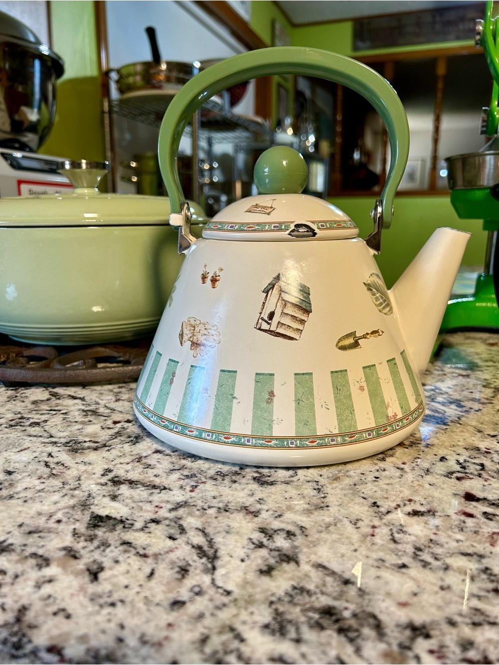 Vintage Style Cream and Sage Green Tea Kettle